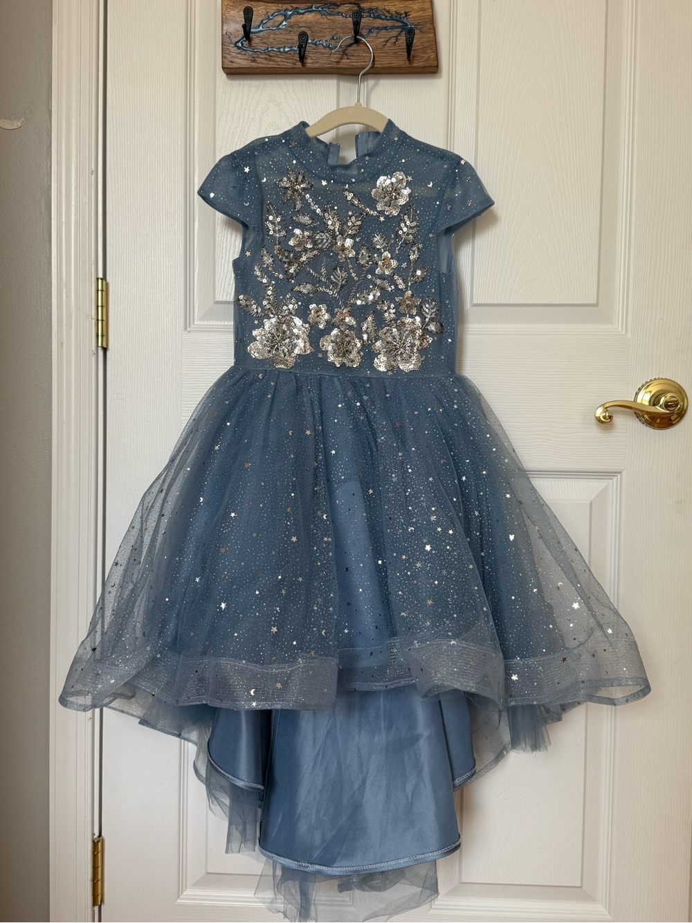 Sparkling Blue Floral Embellished High-Low Tulle Dress
